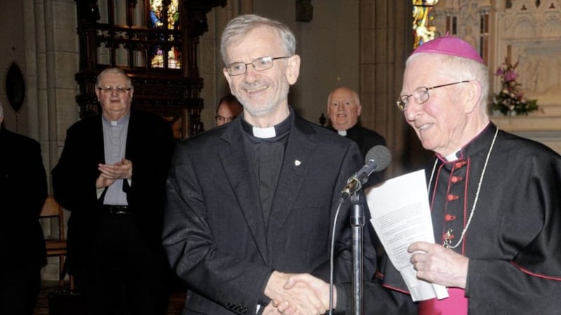 Bishop Philip Boyce greets Fr Alan McGuckian SJ who has been appointed bishop elect of Raphoe in County Donegal.                                      