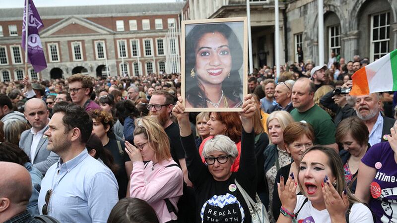 &nbsp;A supporter holds photo of Savita Halappanavar in Dublin Castle as the Republic of Ireland voted to repeal the 8th Amendment of the Irish Constitution which prohibits abortions unless a mother's life is in danger. Picture by&nbsp;Niall Carson/PA Wire