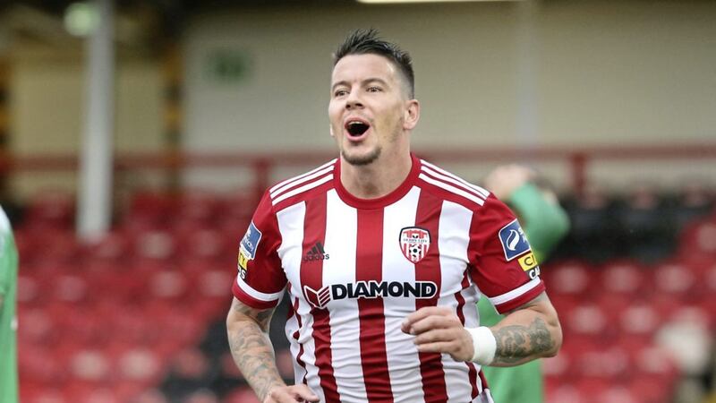Derry City&#39;s Adam Hammill celebrates his first goal at the Brandywell on Friday August 21 2020 against Cork City. Picture by Margaret McLaughlin. 