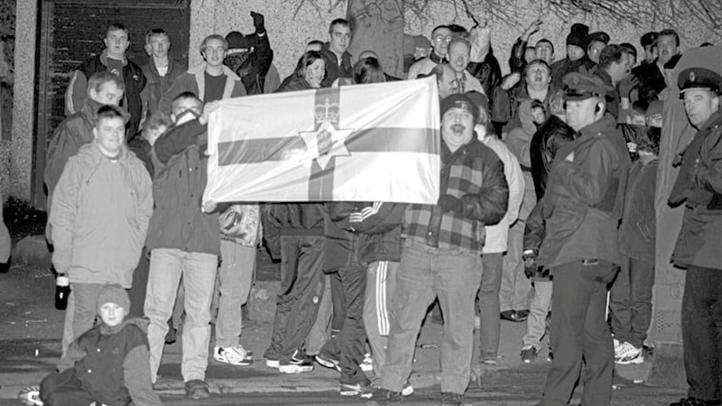 Loyalists protesting outside the Church Of Our Lady in Harryville, Ballymena, Co Antrim, in the late 1990s 