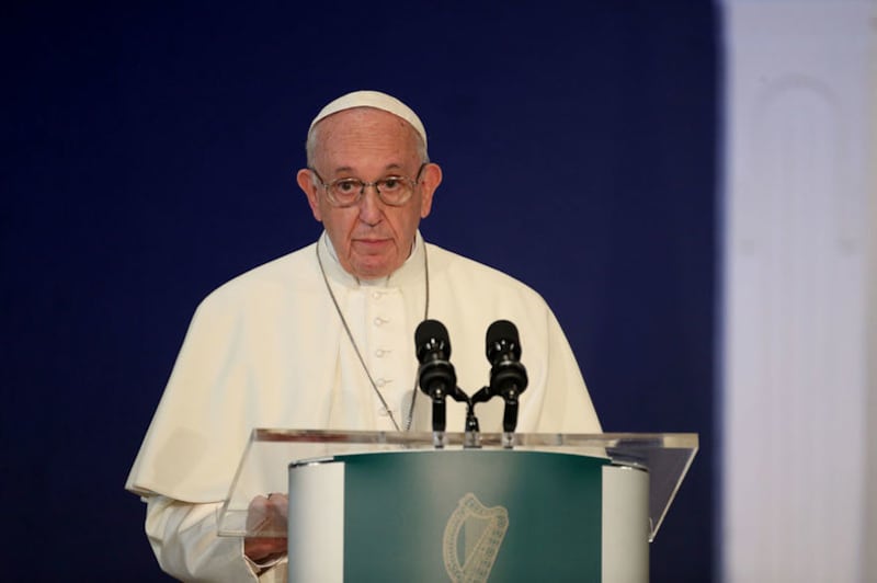 Pope Francis speaking earlier today at Dublin Castle. Picture by Niall Carson, Press Association