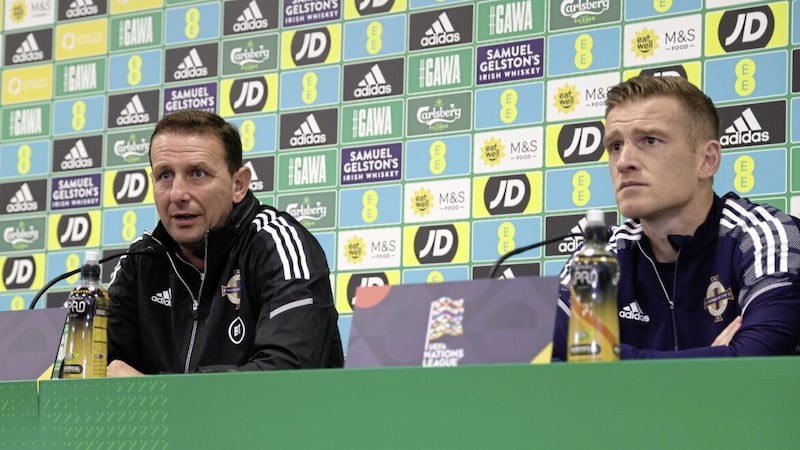Northern Ireland manager Ian Baraclough and captain Steven Davis at yesterday&#39;s media conference ahead of this evening&#39;s home game against Kosovo. 