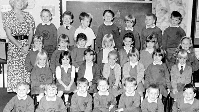 The Primary 1 class at Dunblane Primary School pictured with teacher Gwenne Mayor who was killed with sixteen of the children as gunman Thomas Hamilton burst into the class shooting indiscriminately. 