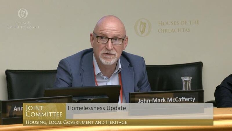 John-Mark McCafferty of the tenancies group Threshold speaks before the Oireachtas Committee on Housing (Oireachtas TV/screenshot/PA)