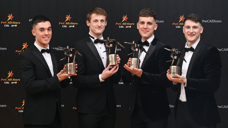Derry quartet Conor McCluskey, Brendan Rogers. Shane McGuigan and Gareth McKinless with their Allstar awards Picture: Sportsfile