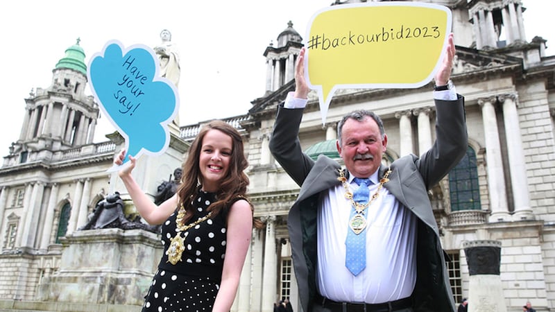 Belfast City Council of the Lord Mayor of Belfast, Councillor Nuala McAllister, and the Mayor of Derry, Councillor Maol&Igrave;osa McHugh, pictured in July at the launch of the joint European Capital of Culture bid for 2023 at Belfast City Hall&nbsp;