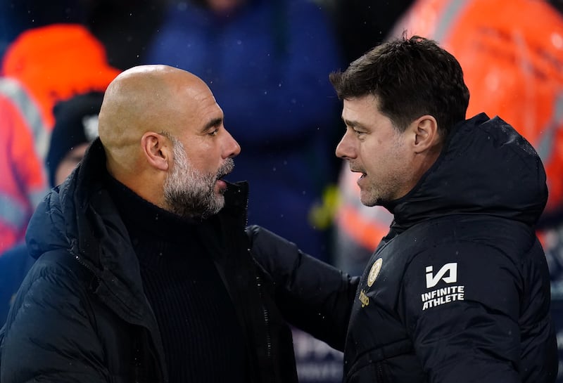 Chelsea manager Mauricio Pochettino (right) will come up against Manchester City boss Pep Guardiola this weekend