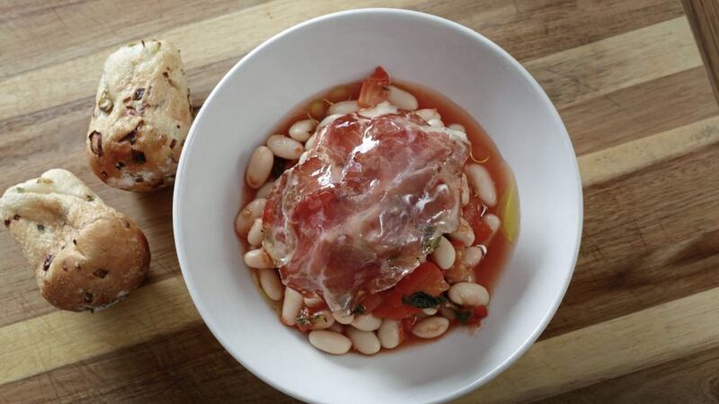 Borlotti beans with guanciale, a flavoursome, thinly sliced Italian cured pork 