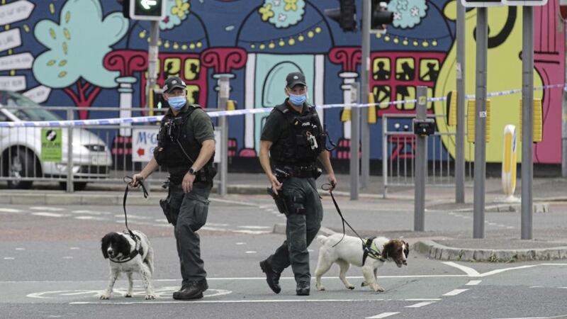 Police carried out searches after a telephone warning that a device had been left in the Castle Street area of Belfast. Picture by Hugh Russell. 