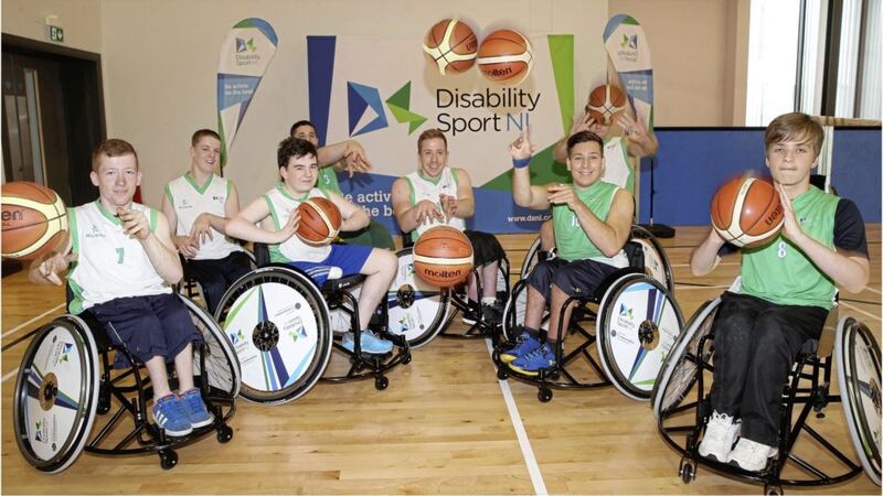 Members of the Northern Ireland U19 Wheelchair team pictured at Girdwood Community Hub for the Disability Sport NI Launch Picture by Hugh Russell. 