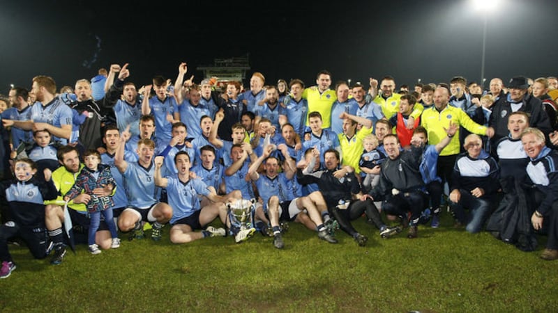 Killyclogher&rsquo;s players celebrate after seeing off Coalisland in the Tyrone SFC final replay at Healy Park in Omagh on Friday night<br/>Picture by Jim Dunne&nbsp;