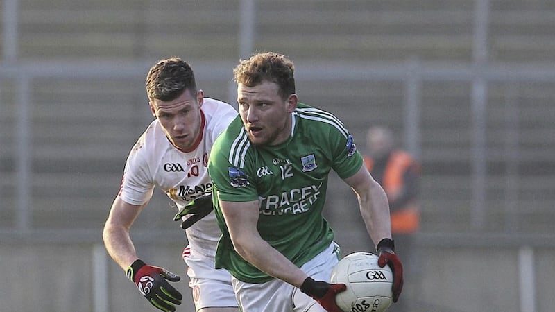Fermanagh&#39;s Aidan Breen in McKenna Cup action against Tyrone&#39;s Declan McClure. Pic Philip Walsh 