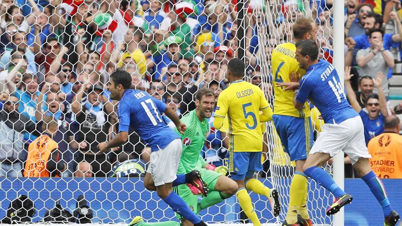 Italy's Eder, left, celebrates after scoring during the Euro 2016 Group E soccer match between Italy and Sweden at the Stadium municipal in Toulouse