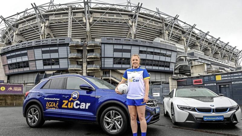 28 June 2022; ZuCar are the new title sponsors of the All-Ireland Ladies Minor Football Championships. This announcement extends the partnership between the Ladies Gaelic Football Association and ZuCar, who are the LGFA&rsquo;s official Performance Partner and Gaelic4Teens sponsors. In attendance at Croke Park to mark the announcement is Antrim captain and ZuCar #Gaelic4Teens ambassador, Cathy Carey. Photo by Ramsey Cardy/Sportsfile  