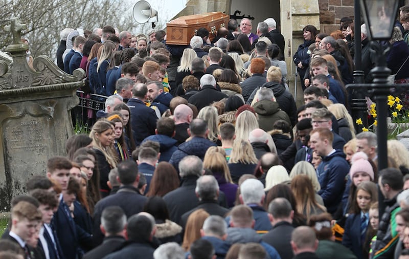 The coffin arrives for the funeral of Connor Currie at St Malachy's Church, Edendork. Picture by Brian Lawless, Press Association&nbsp;