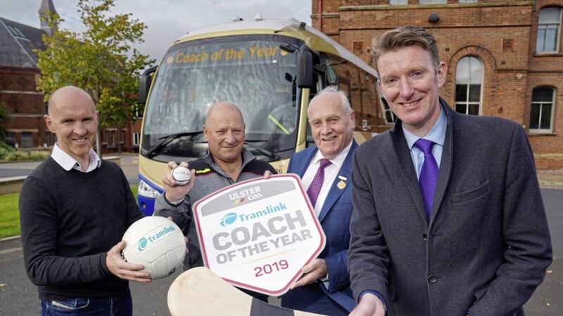 Down senior football manager Paddy Tally, Jimmy Darragh (Provincial Games Manager, Ulster GAA), Oliver Galligan (Ulster GAA President), and and Damian Bannon, Belfast Area Manager, Translink, launching the 2019 Ulster GAA Coach of the Year Awards.<br />  Photo by Aaron McCracken