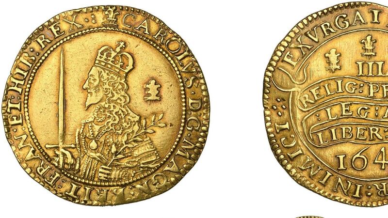 The Triple Unite coin was issued during the English Civil War and depicts King Charles I holding a sword and an olive branch.