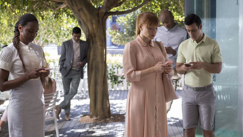 Bryce Dallas Howard (centre) stars as the social media obsessed Lacie in Black Mirror series seven episode Nosedive 