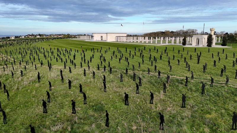 A view of the Standing with Giants silhouettes which create the For Your Tomorrow installation at the British Normandy Memorial, in Ver-Sur-Mer, France, as part of the 80th anniversary of D-Day. The 1,475 statues honour each of the servicemen who fell on D-Day itself and stand in the shadows of the memorial overlooking Gold Beach, where many of them landed almost 80 years ago