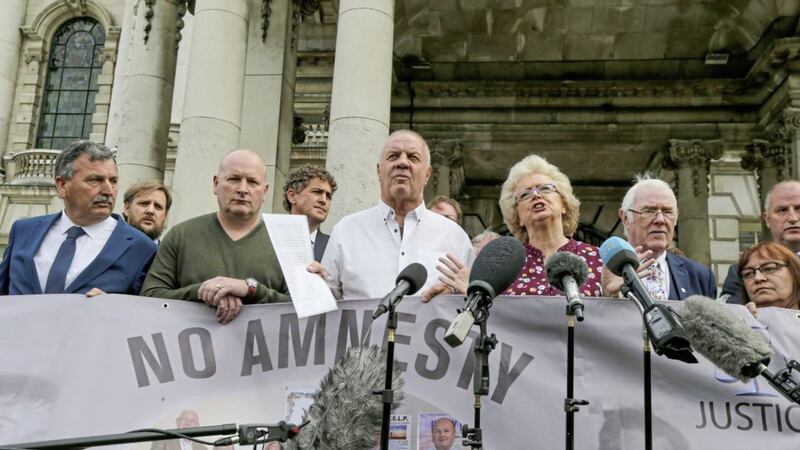 A cross community group of victims have met with politicians from both sides of the border in Belfast in advance of travelling to Downing Street and Westminster on Monday 6th September..Raymond McCord, Julie Hambleton (Birmingham bombing families), Michael Gallagher, Billy McManus, Cathy McIlvenny, Eugene Reavey, and John Teggart are pictured at Belfast city hall with local and RoI political representatives. .Picture by Hugh Russell. 