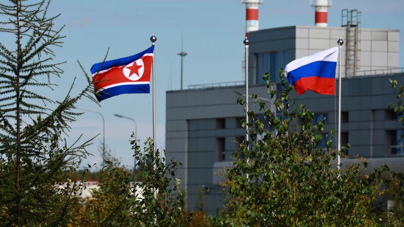 North Korean and Russian flags at the Vostochny cosmodrome outside the city of Tsiolkovsky, about 200 kilometers (125 miles) from the city of Blagoveshchensk in the far eastern Amur region, Russia (Vladimir Smirnov, Sputnik, Kremlin Pool Photo via AP)