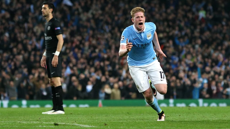 Manchester City's Kevin De Bruyne celebrates scoring in Tuesday's Champions League quarter-final win over PSG at the Etihad Stadium<br />Picture by PA&nbsp;