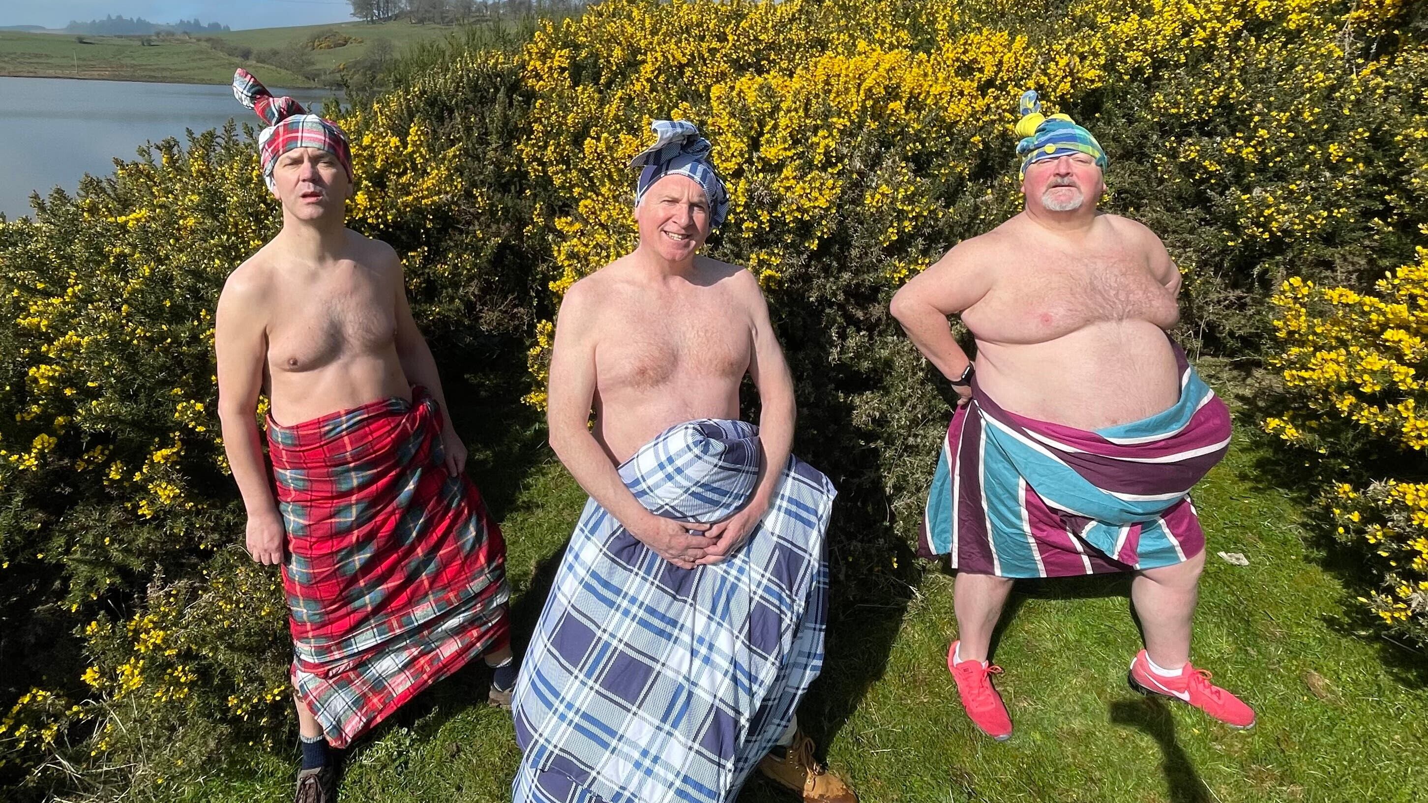 The ‘Men in Quilts’ Graham Stewart, Kenny Sinclair and Ronnie Black (Ewan Pringle/PA)