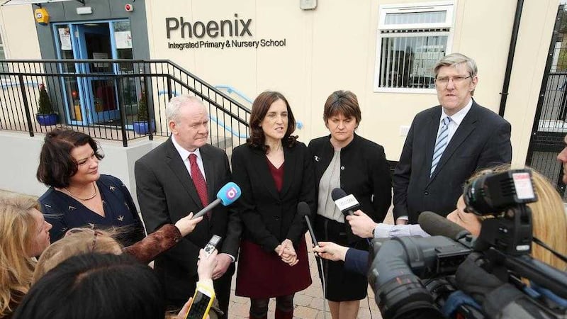 Martin McGuinness, Theresa Villiers, school principal Heather Watson, Arlene Foster and John O&#39;Dowd at Phoenix Integrated PS in Cookstown 