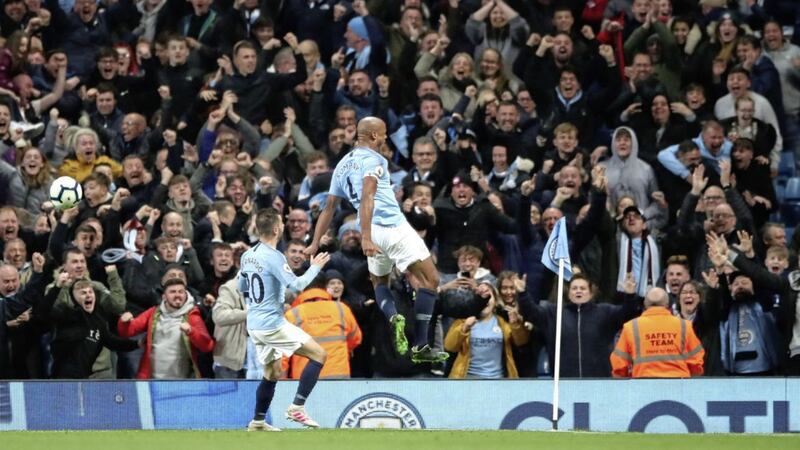 Manchester City&#39;s Vincent Kompany celebrates scoring his sensational winner against Leicester City on Monday night. 