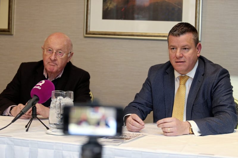 Niall Murphy with Irish News columnist Brian Feeney at the launch of the Ireland&#39;s Future initiative at Malone Lodge Hotel in Belfast. Picture by Mal McCann 