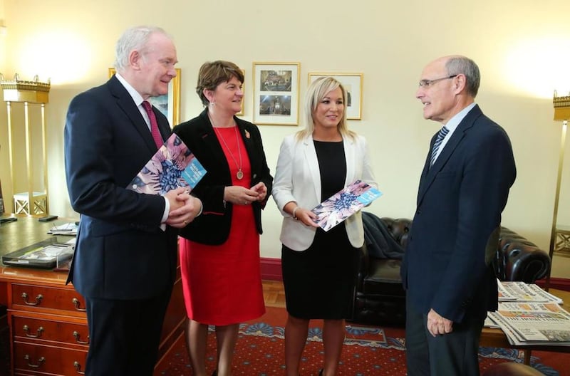 Health Minister Michelle O'Neill (second from right) launched her 10-year vision to transform the current health and social care system. Pictured with First Minister, Arlene Foster, deputy First Minister, Martin McGuinness and Professor Rafael Bengoa. Picture by Kelvin Boyes, Press Eye