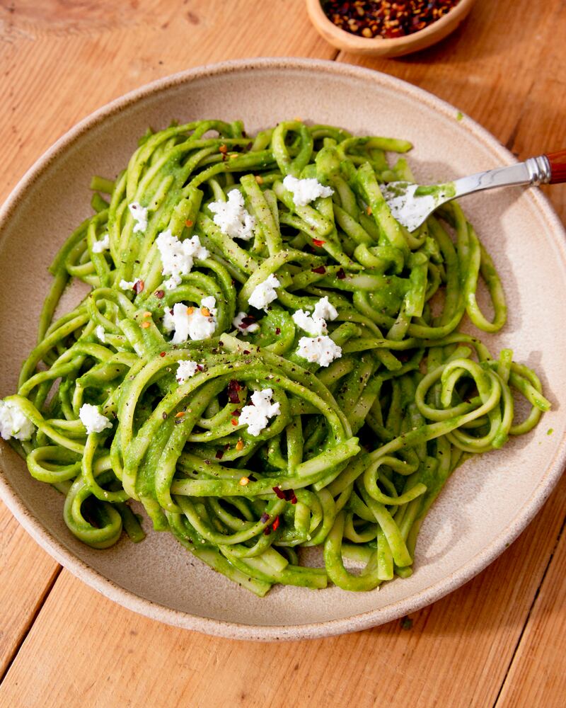 Goats cheese, spinach and basil linguine from Beat The Budget