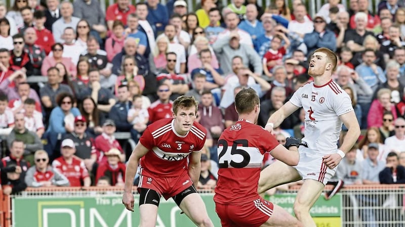 Tyrone's Cathal McShane watches another score go over against Derry during the Ulster SFC match at Healy Park.<br /> Picture Margaret McLaughlin