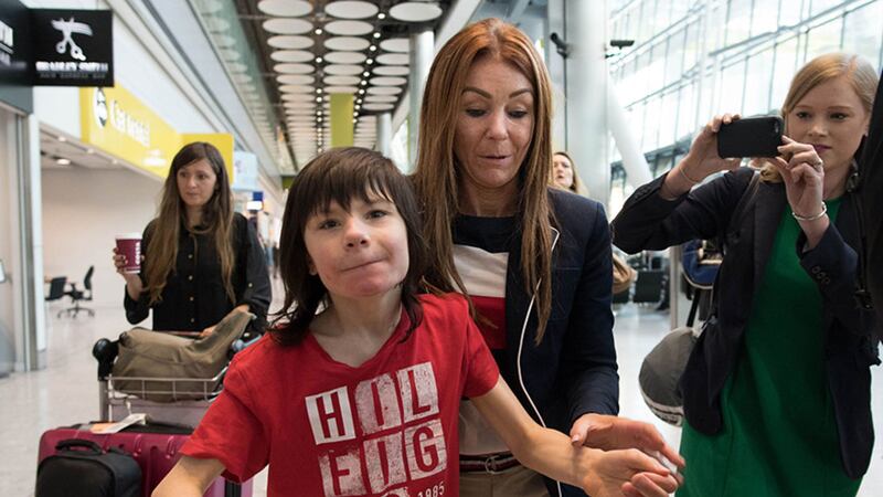 Charlotte Caldwell and her son Billy at Heathrow Airport after having a supply of cannabis oil used to treat his severe epilepsy confiscated on their return from Canada&nbsp;