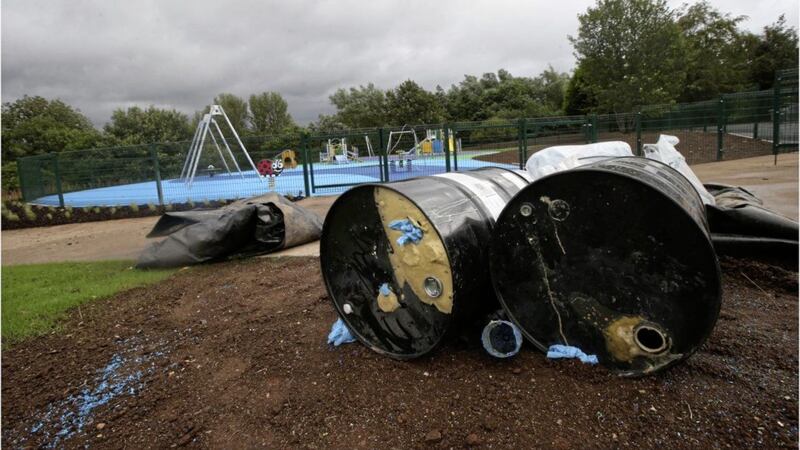 Police have appealed for information after plastic and barrels of glue were stolen from a playground renovation building site at Upper Dunmurry Lane in west Belfast. Picture by Hugh Russell 