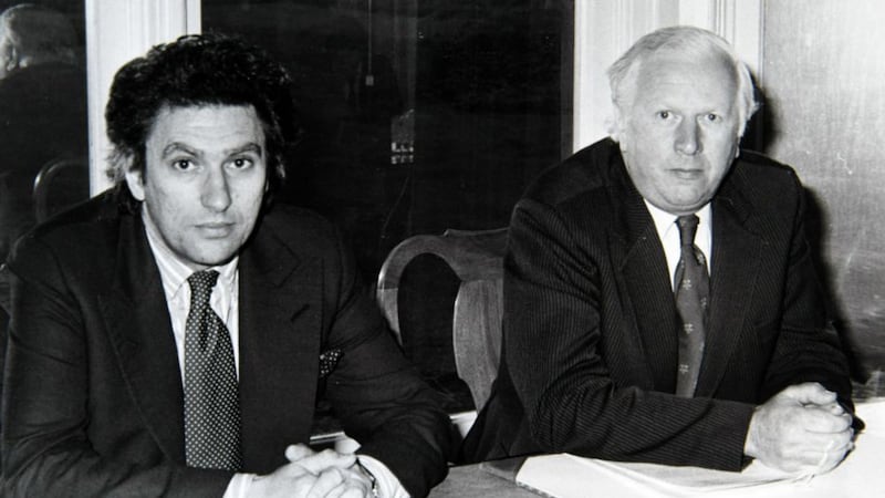 Former Secretary of State James Prior, right, with Lord Gowie at a press conference to present his prison reform programme in 1981&nbsp;