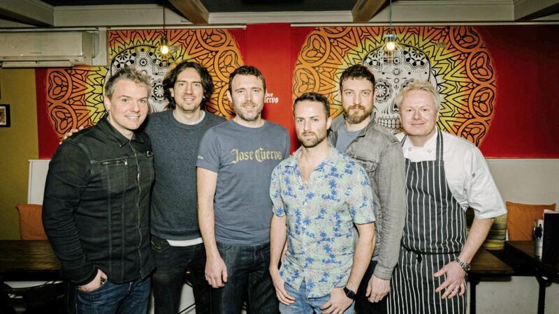 Pictured celebrating the opening of the new La Taqueria restaurant are: co-owner, Stevie Haller; Snow Patrol lead singer, Gary Lightbody; La Taqueria directors, Adam Lynas and Joe Goudie; Snow Patrol guitarist, Nathan Connolly; and La Taqueria co-owner, Andy Rea. 