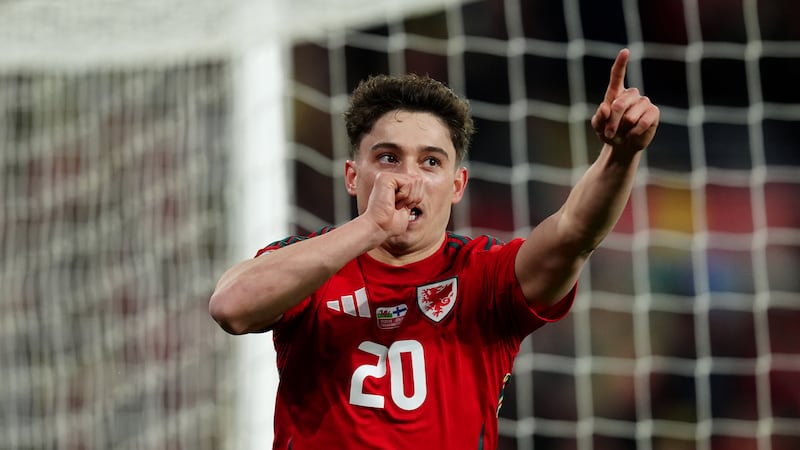 Daniel James celebrates after scoring Wales’ fourth goal in their Euro 2024 play-off semi-final victory over Finland