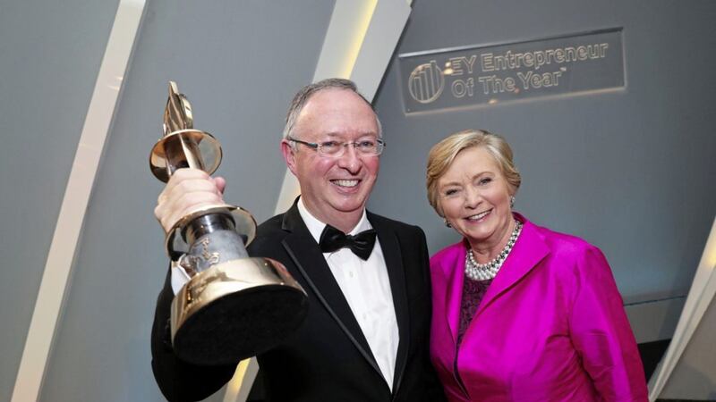 Winner of the EY Entrepreneur Of The Year 2017 Harry Hughes, CEO of Portwest and T&aacute;naiste Frances Fitzgerald 