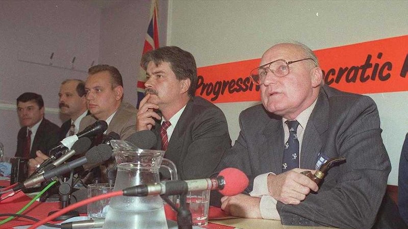 Former UVF leader Gusty Spence along with William &#39;Plum&#39; Smyth, Gary McMichael David Irvine and David Adams announcing the loyalist ceasefire in October 1994 