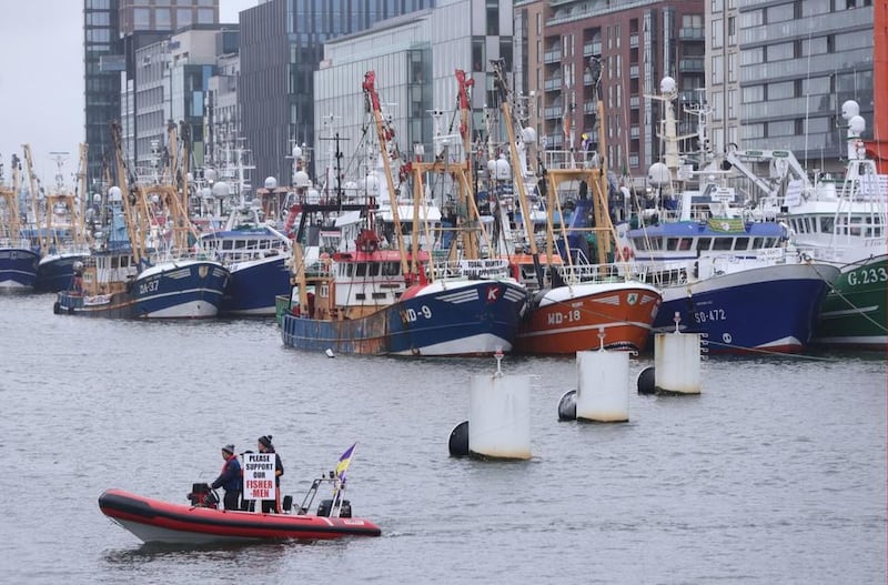 &nbsp;Trawlers from all around the Irish coast gathered outside the Convention Centre in Dublin, where fishermen are protesting over cuts to quotas, the impact of Brexit and the EU Common Fisheries policy. Picture date: Wednesday June 23, 2021.