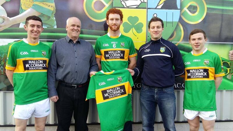 Joe Mallon from Mallon McCormick Solicitors, Maghera is pictured presenting a new set of minor jerseys to Watty Graham's chairman Se&aacute;n Keane. Also pictured are Graham's players Conor Glass (captain), Tiarnan Flanagan and Conall Darragh