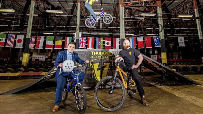 Thunder Park is set to open at Eddie Irvine Sports in May. Pictured are BMX Rider Joel Harper, Thomas Fegan, centre director at Eddie Irvine Sports and Matt Gillespie from Thunder Park. 