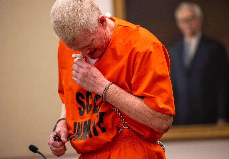 Alex Murdaugh cries as he addresses the court during his sentencing for stealing from 18 clients in November (Andrew J Whitaker/The Post And Courier via AP)