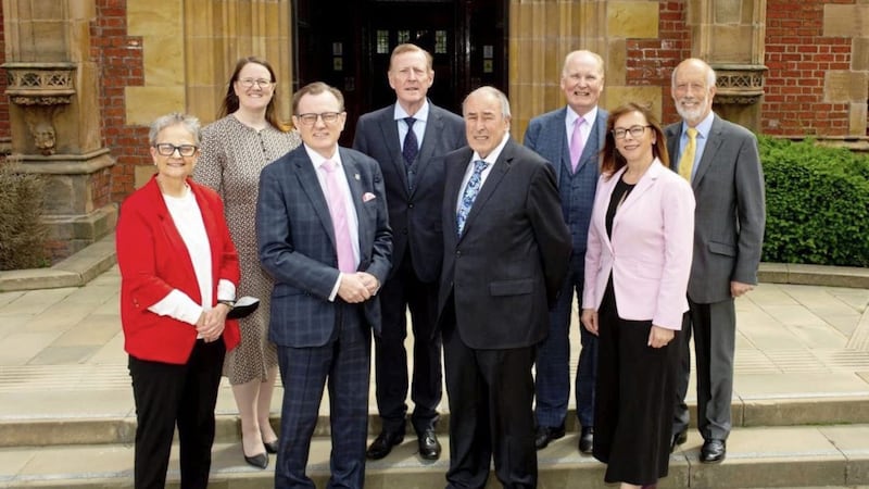 : Pictured at Queen&#39;s today are (from l-r): Baroness Margaret Ritchie, Queen&rsquo;s Registrar Joanne Clague, Queen&rsquo;s Pro-Vice-Chancellor Professor Ian Greer, Lord David Trimble, Mitchell McLoughlin, Tim O&rsquo;Connor, Professor Nola Dundas-Hewitt and David Ford. 