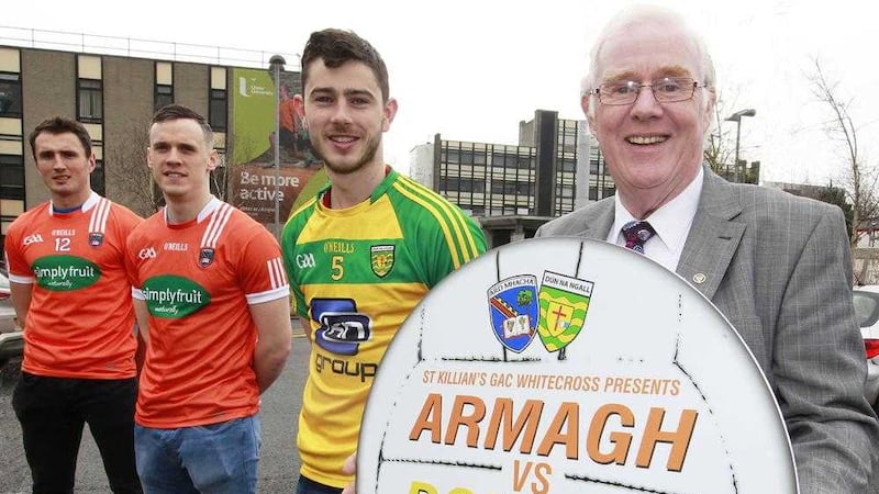 Whirecross GAC chairman Eugene Reavey with Armagh&rsquo;s Mark Shields and Stephen Sheridan, and Donegal&rsquo;s Ryan McHugh at the launch of tomorrow&rsquo;s match at St Killian&rsquo;s, Whitecross to commemorate the 40th anniversary of the Reavey brothers murder 