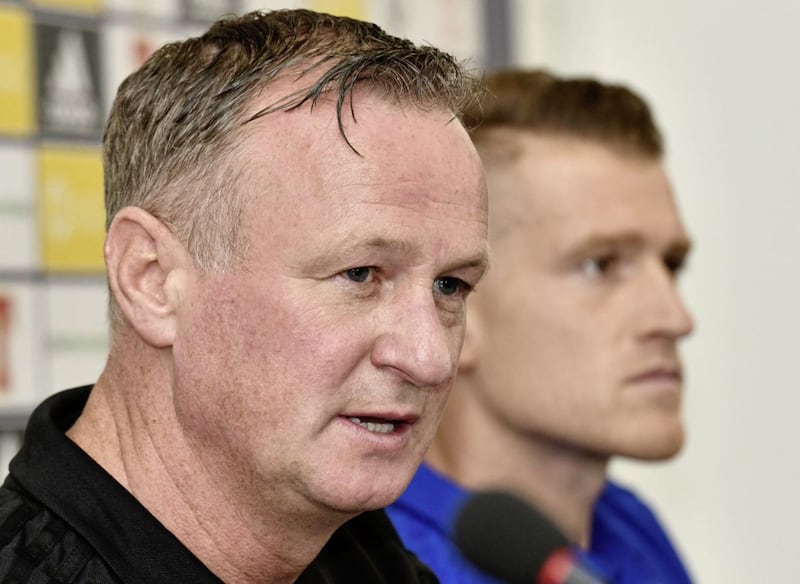 Northern Ireland manager Michael O&#39;Neill and captain Steve Davis at a press conference ahead of the UEFA Nations League game against Bosnia &amp; Herzegovina at Windsor on Saturday Sep 1 2018 