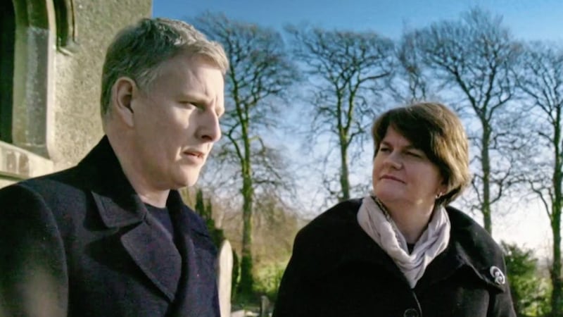 Paddy Kielty and Arlene Foster during the documentary My Dad, the Peace Deal and Me 