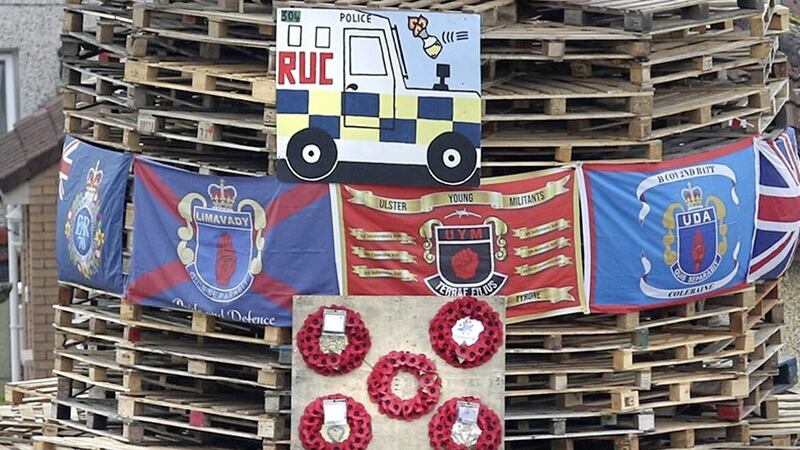 Police have said the burning of material including poppy wreathes at a bonfire in Derry&#39;s Bogside area on Monday night is being treated as a hate crime. Picture by Margaret McLaughlin 