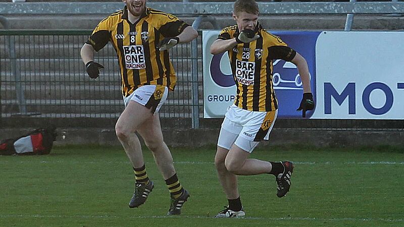 Crossmaglen's Johnny Hanratty and Ois&iacute;n O'Neill celebrate Rangers' second goal against Cargin on Sunday<br/>Picture: Philip Walsh&nbsp;